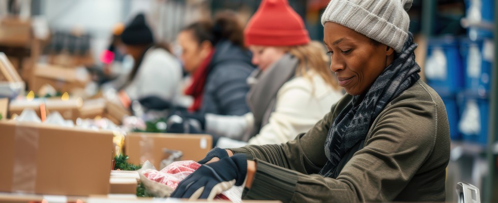 A woman wearing a hat and gloves is diligently working in a warehouse environment, surrounded by various items.
